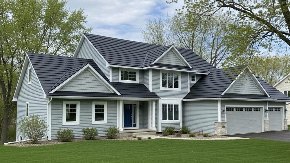 Stone-coated steel roof on a two-story home with gray siding