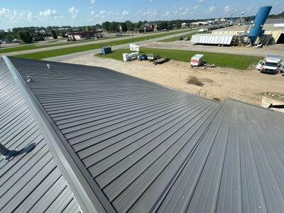 Standing-seam metal roof on a commercial building