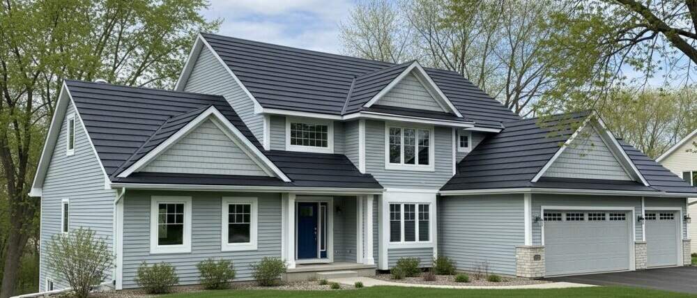 Stone-coated steel roof on a two-story home with gray siding